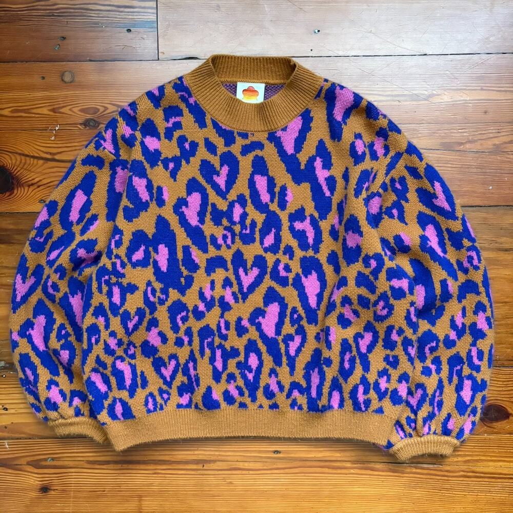 Farm Rio Sweater Women's Size S Leopard Pop Caramel Heart Print Puff Sleeve